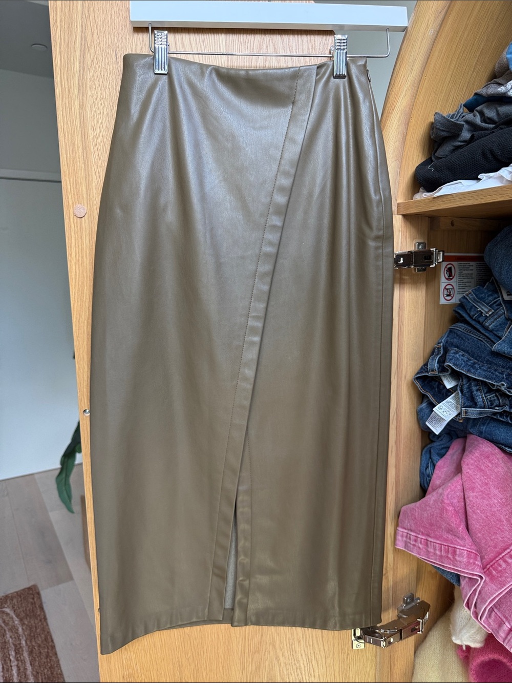 Zara Olive Faux Leather Midi Skirt with Front Slit
